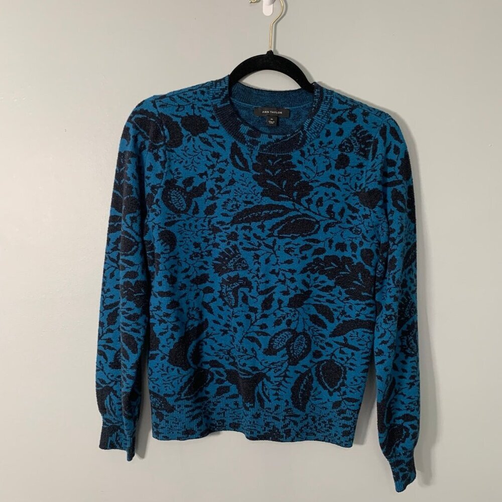 Ann Taylor Womens Floral Jacquard Crewneck Sweater Teal Black‎ XS Long Sleeve